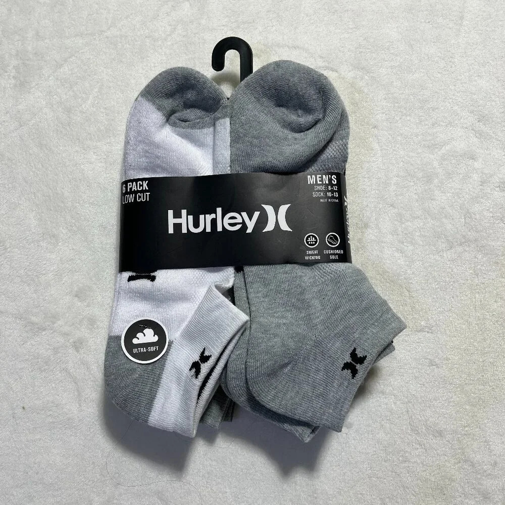 Hurley NWT 6 Pack Low Cut Socks White Gray Black Mens 10-13
